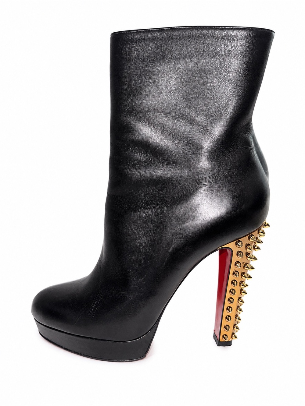 Christian Louboutin Black Leather - Gold Spike High Heel Ankle Boot